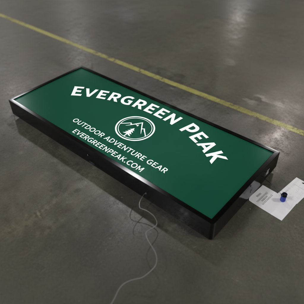 Color Green Cabinet Sign for  "Evergreen Peak" outdoor gear sign on a concrete floor