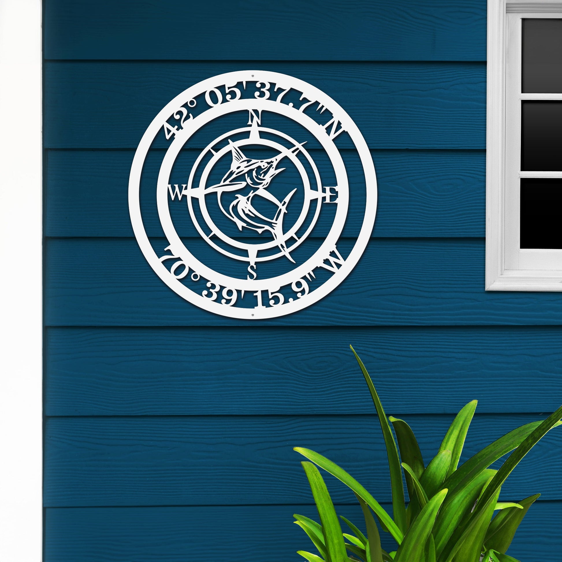 GPS coordinates marlin sign in compass layout, personalized nautical metal wall piece