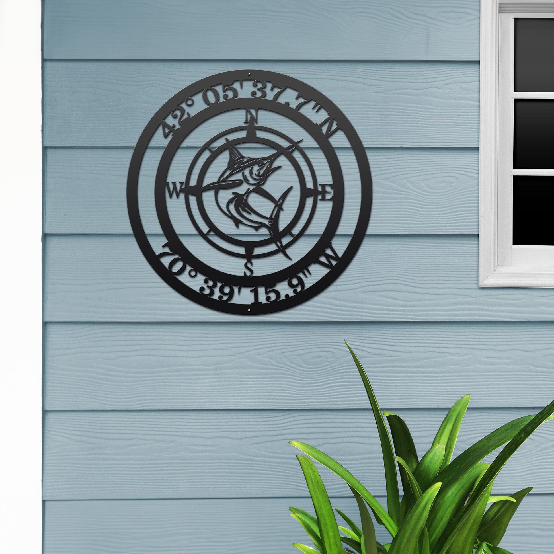 GPS coastal wall sign with marlin and compass rose, beach decor accent