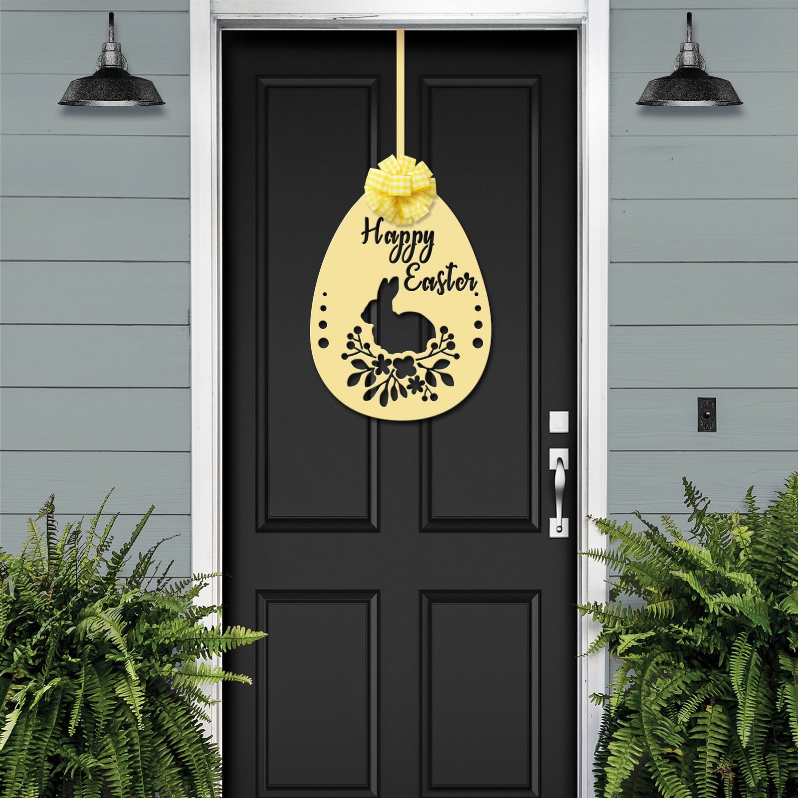 Black front door with yellow Easter bunny metal sign and floral design, yellow bow accent, seasonal farmhouse décor, custom powder coated welcome entry wall art sign