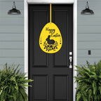Black front door with yellow Happy Easter rabbit metal sign, seasonal door décor, farmhouse entry accent, custom powder coated Easter welcome wall art