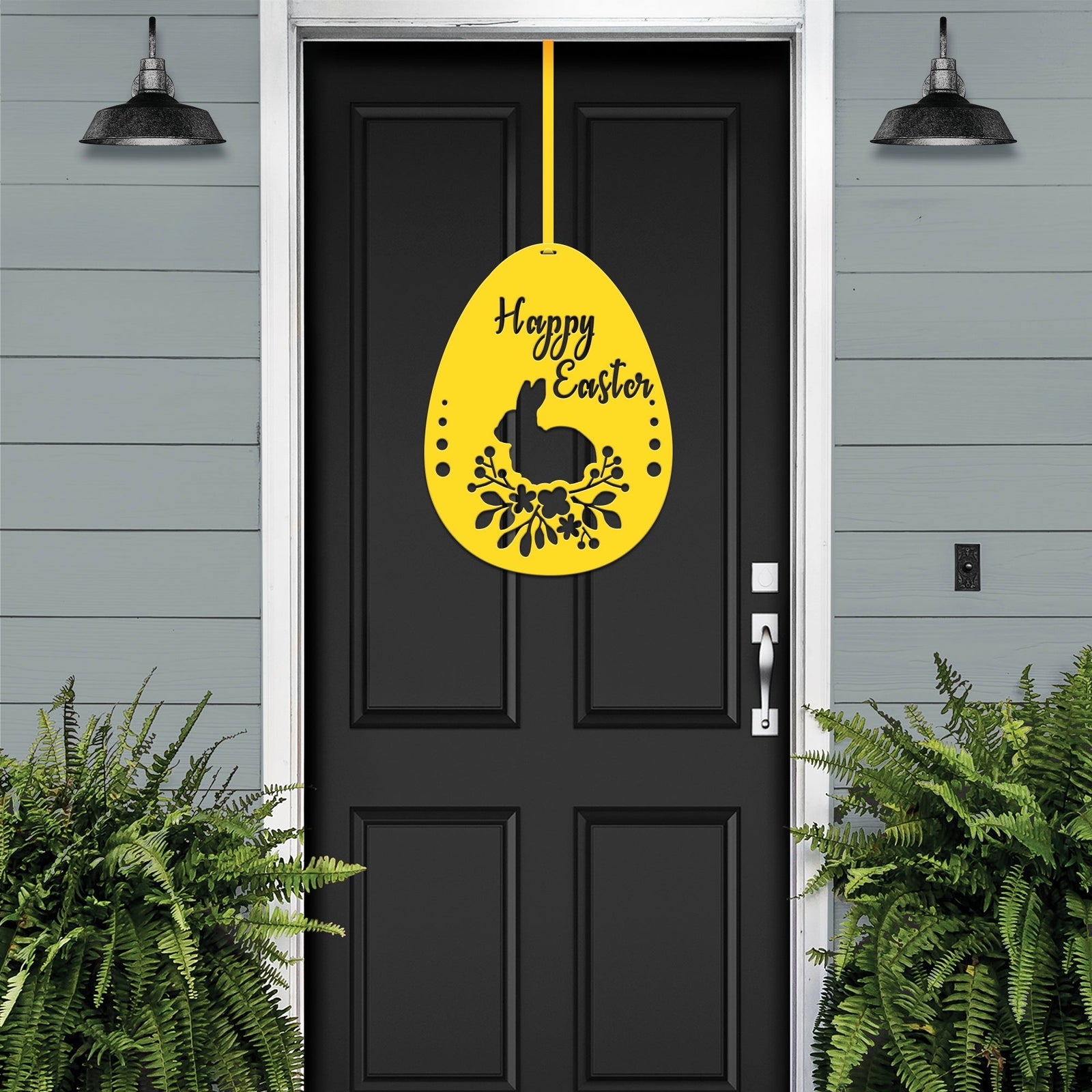 Black front door with yellow Happy Easter rabbit metal sign, seasonal door décor, farmhouse entry accent, custom powder coated Easter welcome wall art
