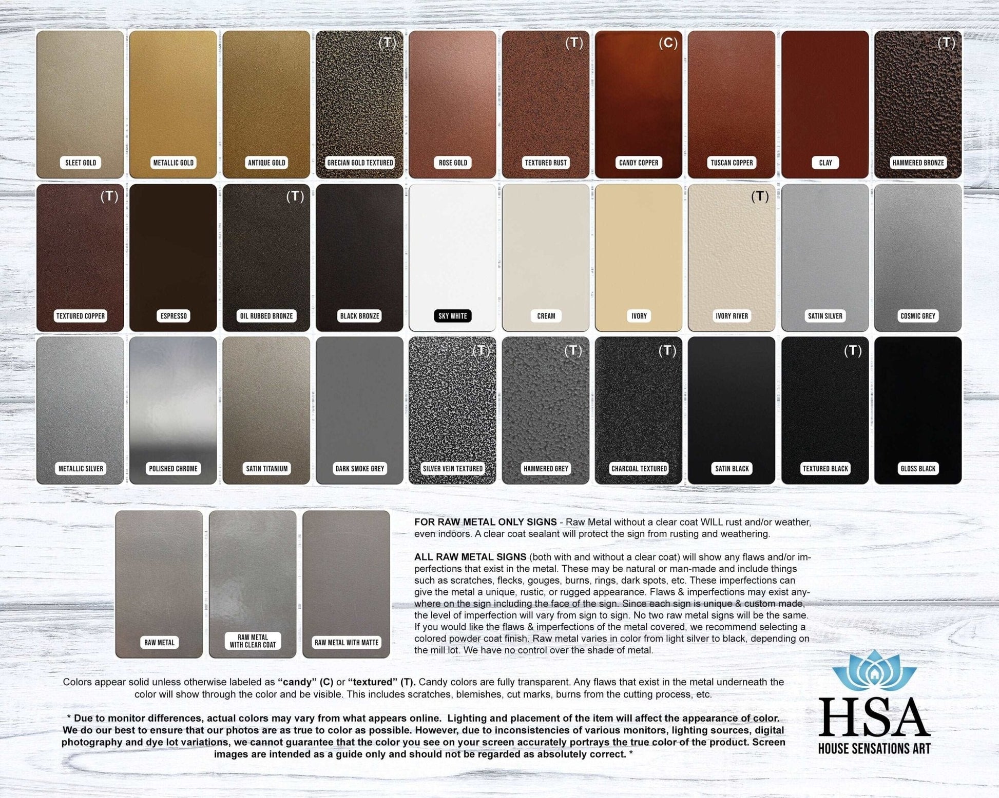Powder coat color chart showing finishes: Candy or Textured, with colors ranging from steel gold to gloss black.