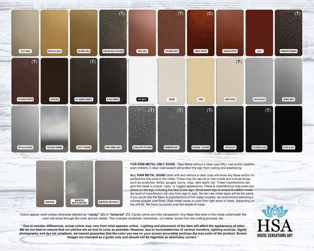 Powder coat color chart showing finishes: Candy or Textured, with colors ranging from steel gold to gloss black.