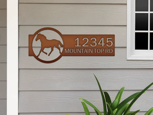 Candy copper metal  horse sign with '12345 Mountain Top Rd' on left and silhouette on right in bold rustic design, ideal for outdoor use.