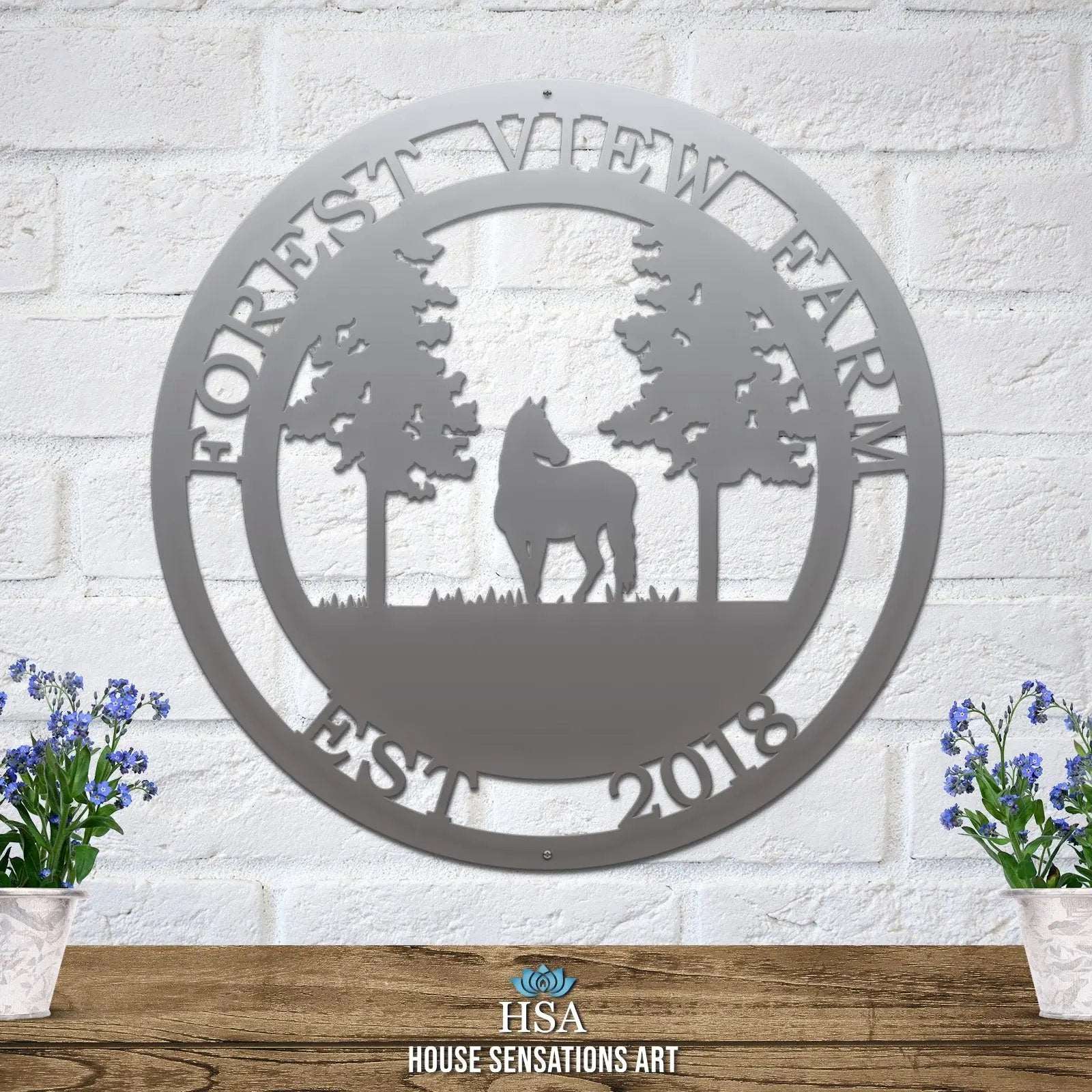 Polished chrome custom horse tree sign personalized laser cut steel ranch sign with horse and oak tree design.