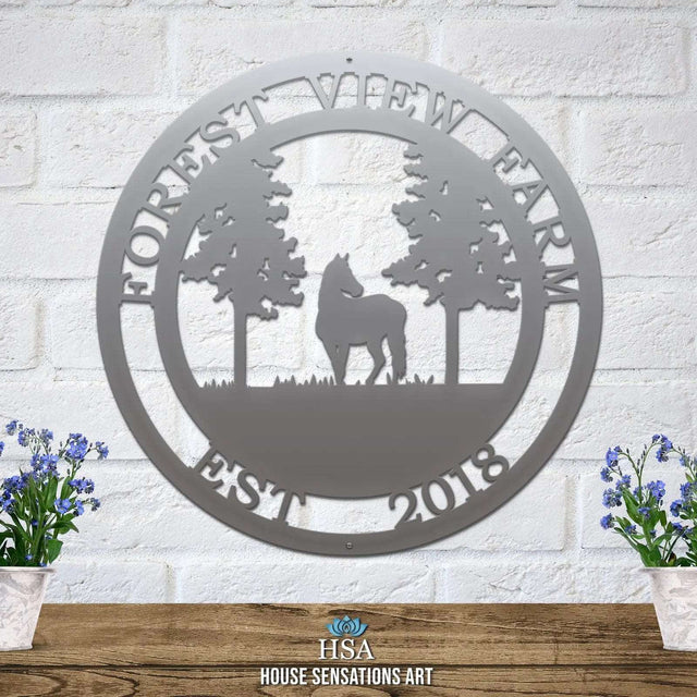 Polished chrome custom horse tree sign personalized laser cut steel ranch sign with horse and oak tree design.