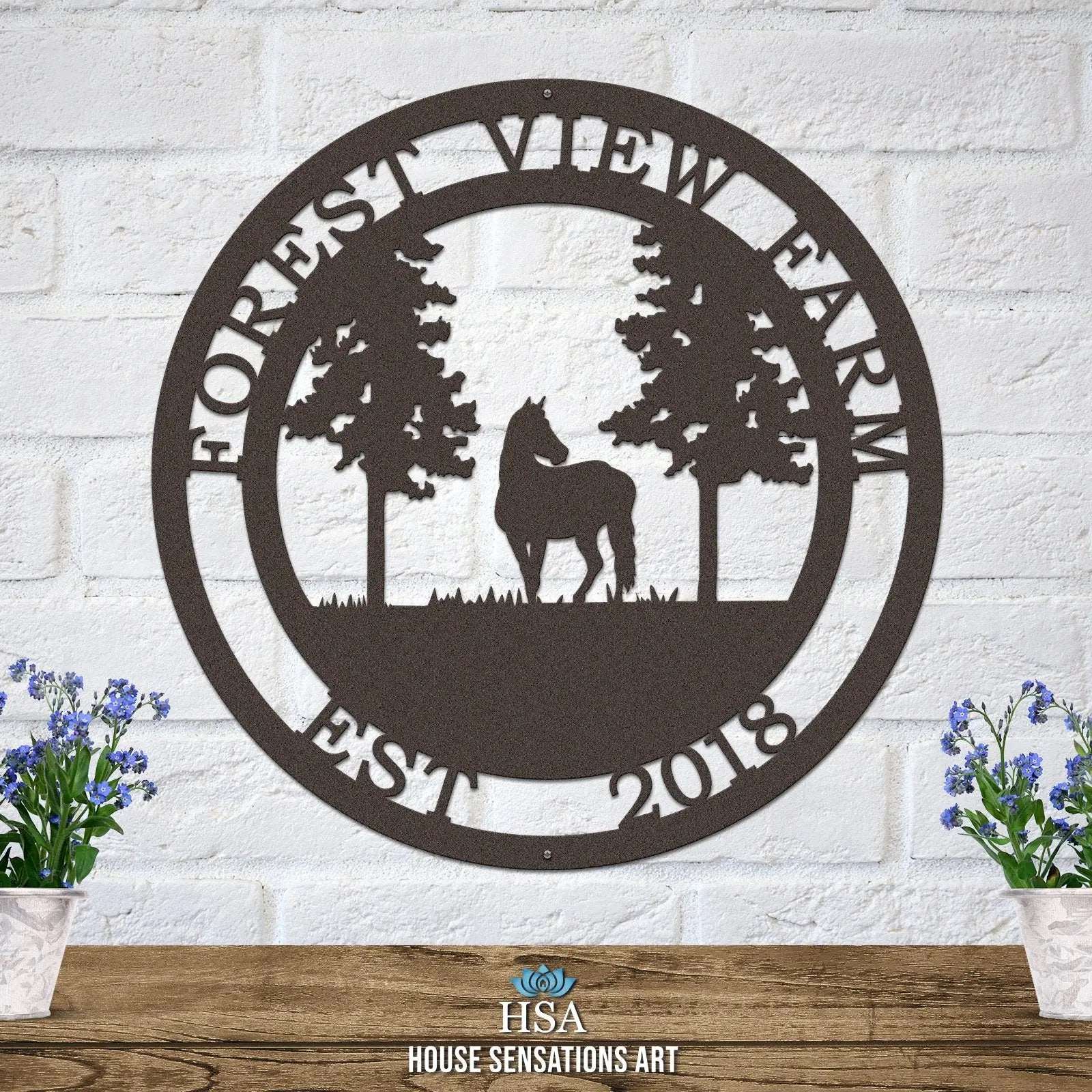 Oil-rubbed bronze custom horse tree sign laser cut metal ranch decor featuring horse under detailed tree silhouette.