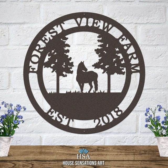Oil-rubbed bronze custom horse tree sign laser cut metal ranch decor featuring horse under detailed tree silhouette.