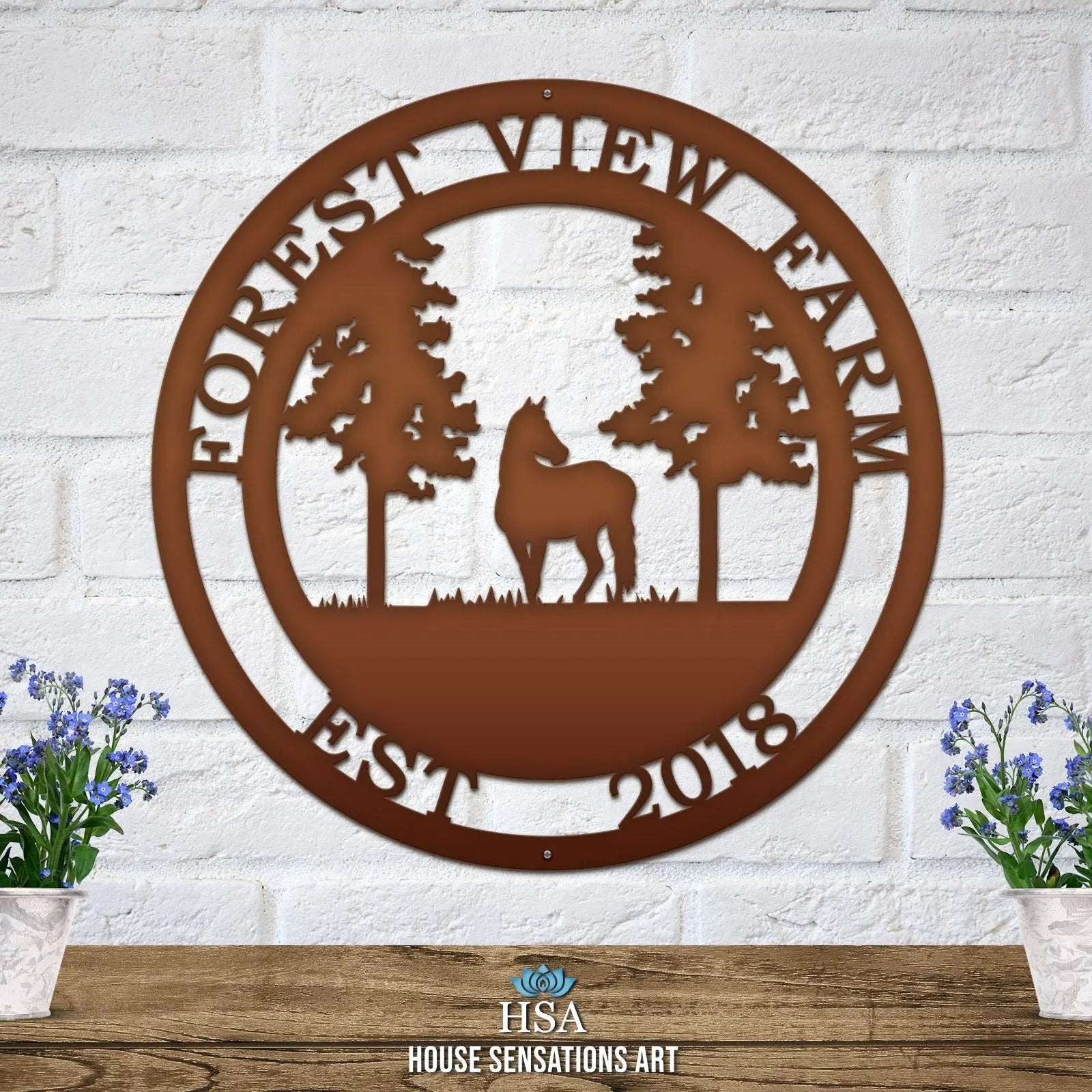 Candy copper custom horse tree sign handcrafted laser cut metal decor for farms and ranches with horse under tree.