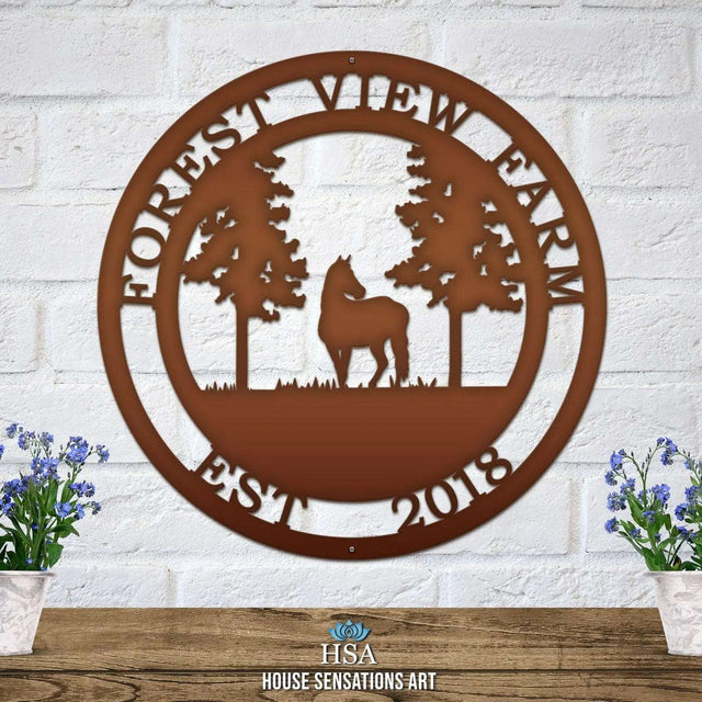 Candy copper custom horse tree sign handcrafted laser cut metal decor for farms and ranches with horse under tree.
