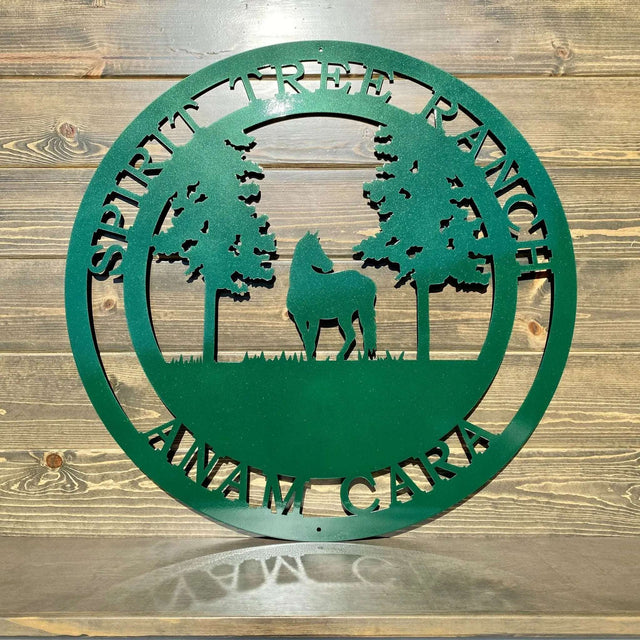 Emerald green custom horse tree sign laser cut metal ranch wall art showing horse beneath detailed tree silhouette.