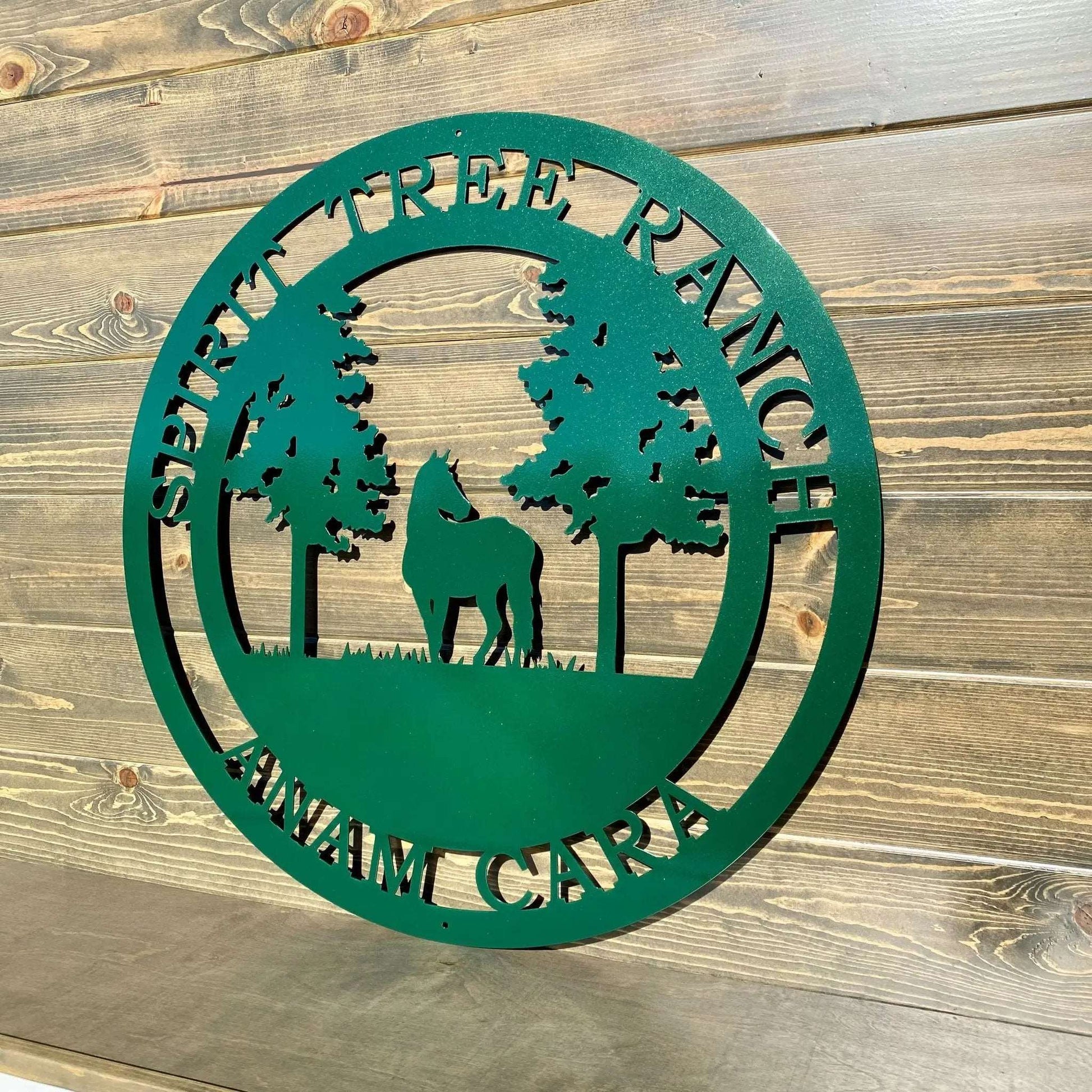 Emerald green personalized horse and tree ranch sign vibrant laser cut decor for barns, farms, or horse stables.