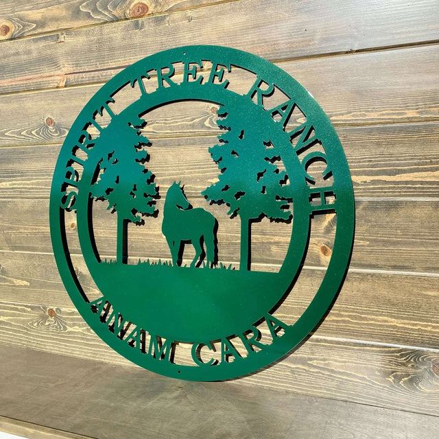 Emerald green personalized horse and tree ranch sign vibrant laser cut decor for barns, farms, or horse stables.