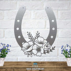 Silver floral horseshoe metal wall art on white brick wall, lucky farmhouse décor, House Sensations Art HSA branded decorative home sign