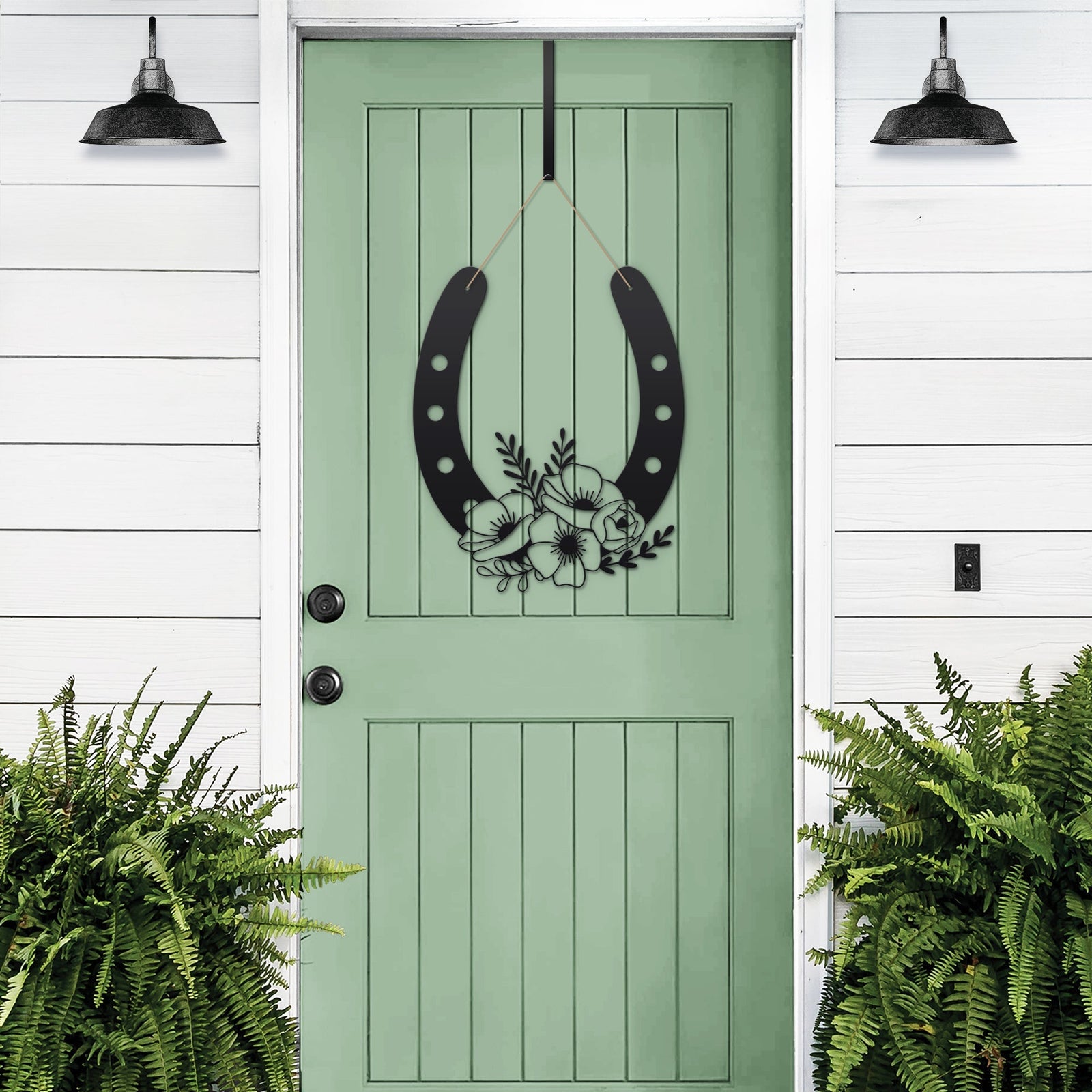 Floral horseshoe metal wall art on green door with plants, lucky farmhouse décor, decorative home sign, rustic gift horseshoe design