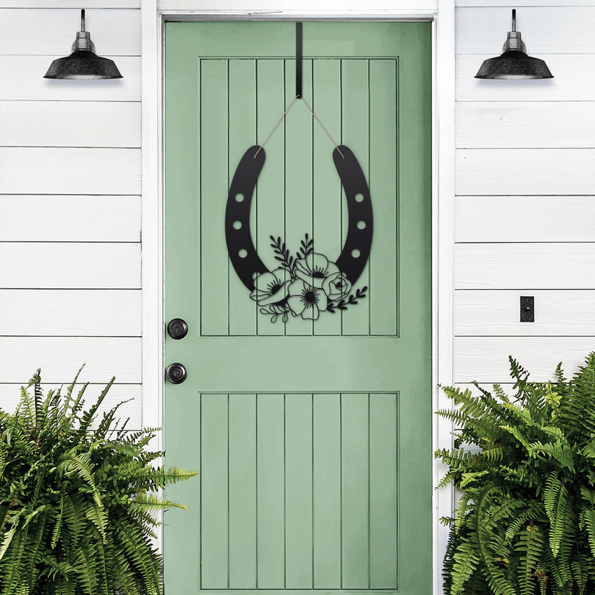 Floral horseshoe metal wall art on green door with plants, lucky farmhouse décor, decorative home sign, rustic gift horseshoe design
