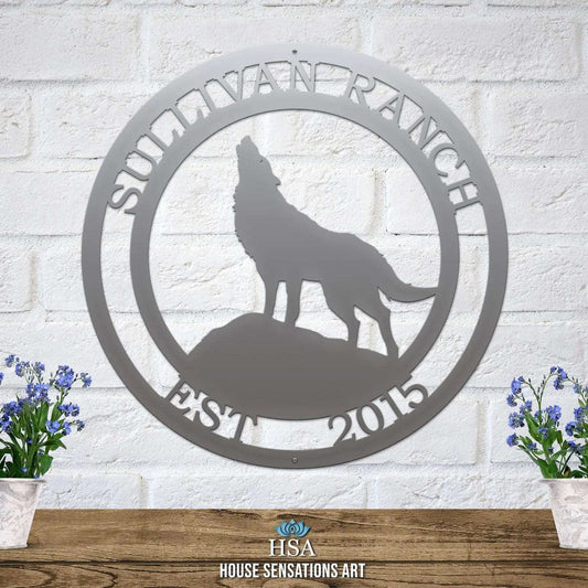 Howling Wolf Metal Ranch Sign - Custom Metal House Number Plaque - Perfect for Outdoor Decor in Gardens, Yards, or Farms - Ideal Housewarming Gift for Animal Lovers - HouseSensationsArt