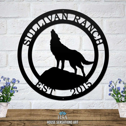 Howling Wolf Metal Ranch Sign - Custom Metal House Number Plaque - Perfect for Outdoor Decor in Gardens, Yards, or Farms - Ideal Housewarming Gift for Animal Lovers - HouseSensationsArt