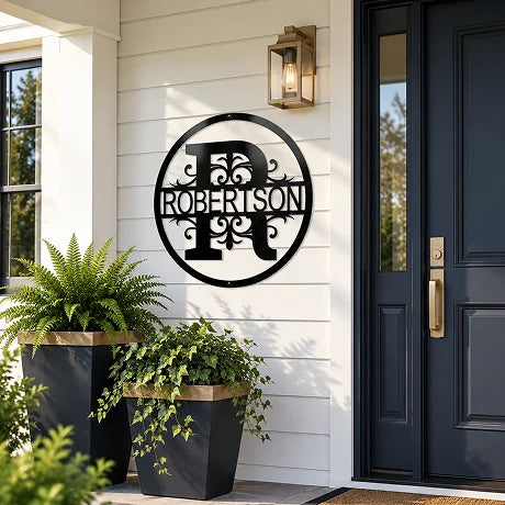 Personalized family monogram sign by a front door