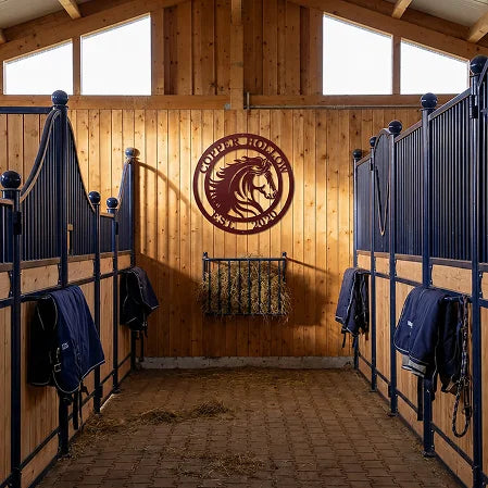 Personalized ranch sign mounted in a stable
