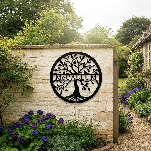 Personalized tree sign displayed in a garden