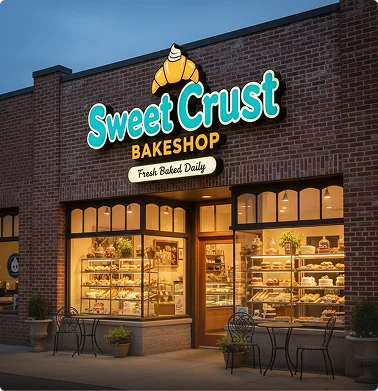 Channel letter sign installed on a bakery storefront