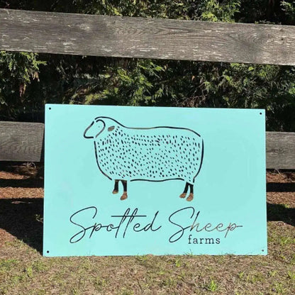 Custom Farm Logo Signs: Metal plaque with a sheep drawing, ideal for outdoor decor in gardens, yards, or farms. Perfect housewarming gift for animal lovers.