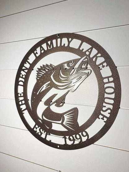 Metal Walleye Fishing Address Sign featuring a fish design and customizable numbers, perfect for outdoor decor in gardens, yards, or farms, ideal as a housewarming gift for animal lovers.