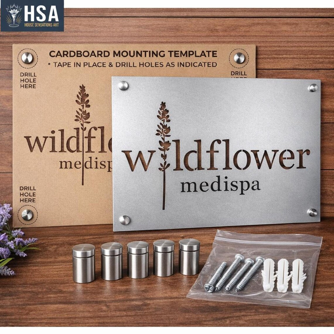 Custom metal "Wildflower Medispa" sign with mounting kit, decorative wall art on wooden surface, powder coated plaque for business branding