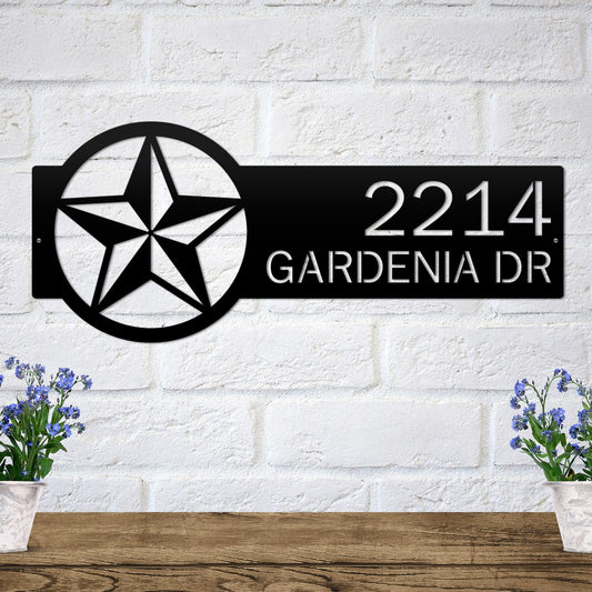 Texas Star Address Sign Plaque featuring custom house numbers and street name, crafted from durable steel, suitable for outdoor use. Ideal for home décor and housewarming gifts.