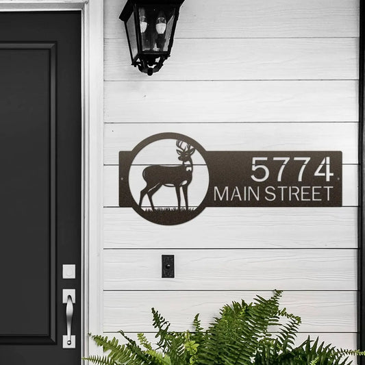 Customizable Deer Home Address Sign featuring a silhouette of a deer and house numbers, crafted from durable, weather-resistant metal, ideal for outdoor home décor and personalized gifts.