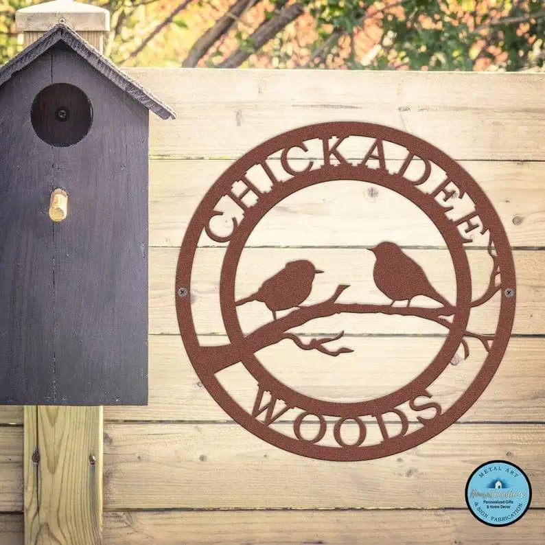 Bird Lover Yard or Garden Metal Sign features a durable steel design with birds perched on a branch, customizable text, and pre-drilled holes for easy outdoor installation, perfect for gardens or yards.