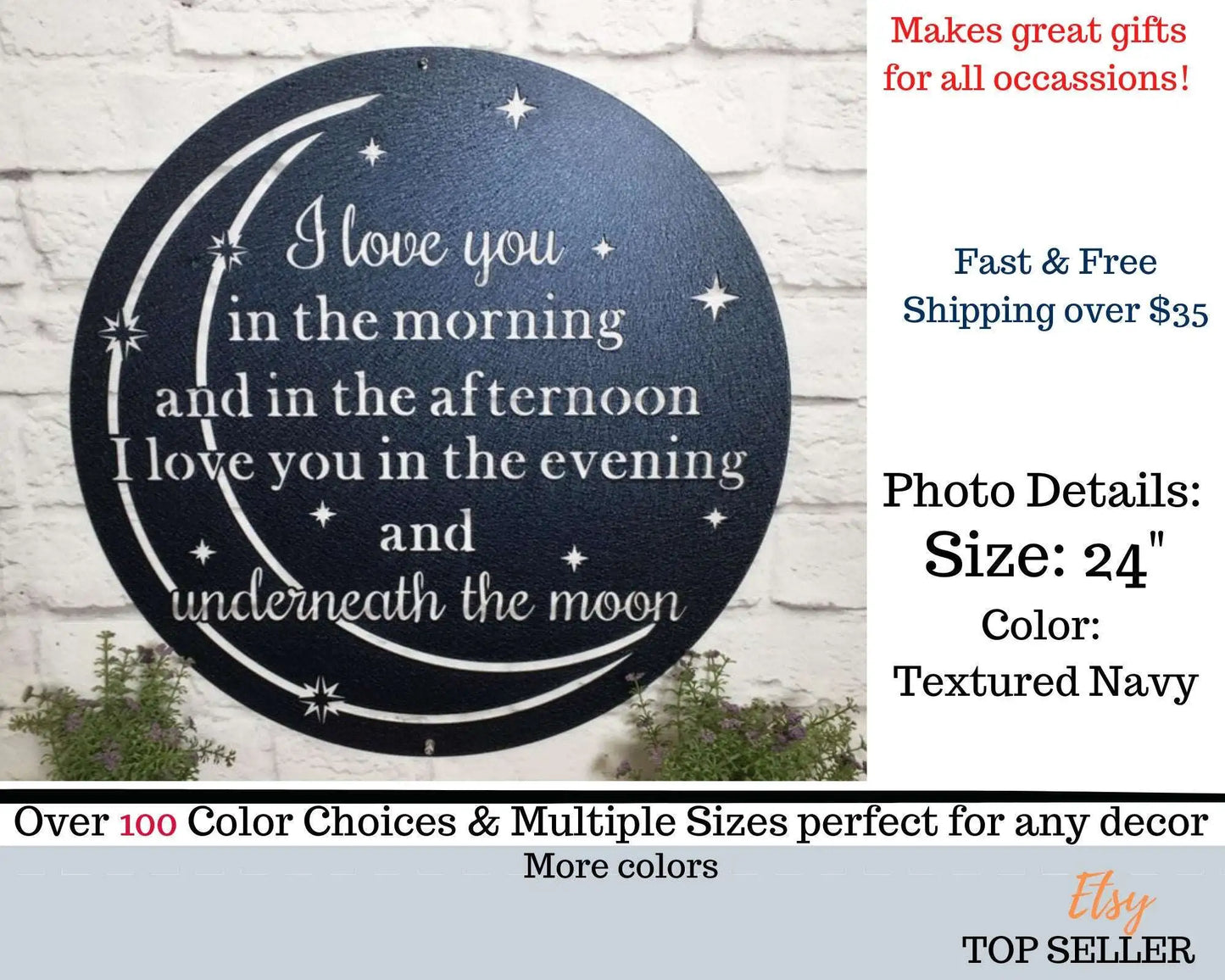 Custom Metal Quote Sign featuring a circular moon and stars design, mounted on a brick wall, showcasing unique personalized text options for home or outdoor décor.