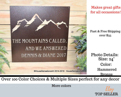 The Mountains are Calling Custom Metal Sign featuring a mountain design and customizable text, crafted from durable steel. Ideal for outdoor decor at cabins or homes, reflecting HouseSensationsArt's quality craftsmanship.