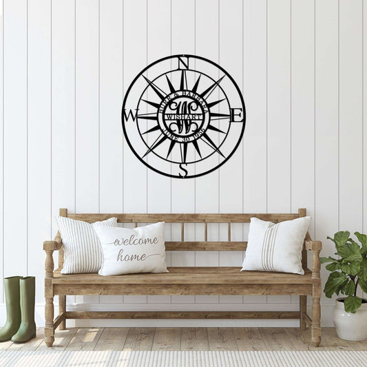Nautical Monogram Split Name  Compass Outdoor Wall Art - Available up to 47"