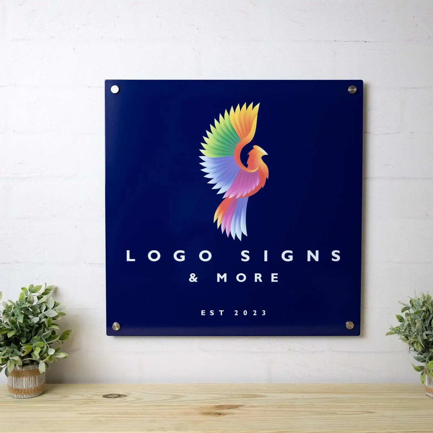 Custom Metal Logo Sign with a vibrant bird design, showcasing full-color UV printing on durable steel, ideal for storefronts or office displays, reflecting HouseSensationsArt's commitment to bespoke signage solutions.