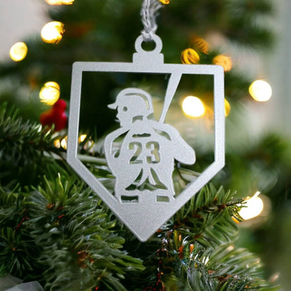 Personalized Baseball Ornament on a Christmas tree, featuring a metal design of a baseball player, ideal for festive farmhouse décor and sports enthusiasts.