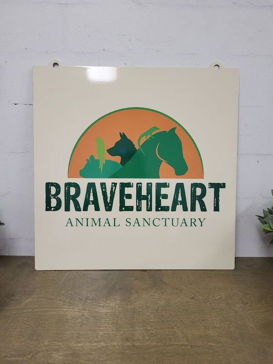 Double-Sided Full Color UV Printed Metal Logo Sign featuring a dog and parrot logo, perfect for storefronts or office walls; crafted from durable 14-gauge steel for indoor/outdoor use, ensuring brand visibility.