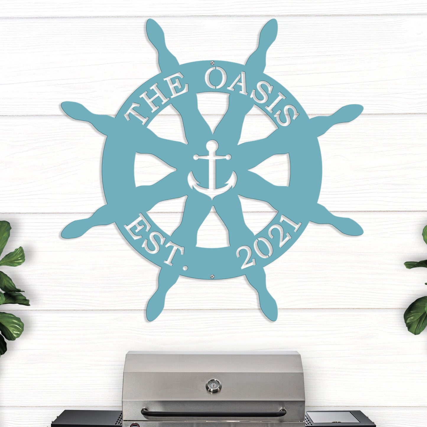 Nautical Captain's Ship Wheel Metal Door Hanger featuring a blue and white ship wheel design with an anchor, perfect for personalizing beach houses and boater gifts.