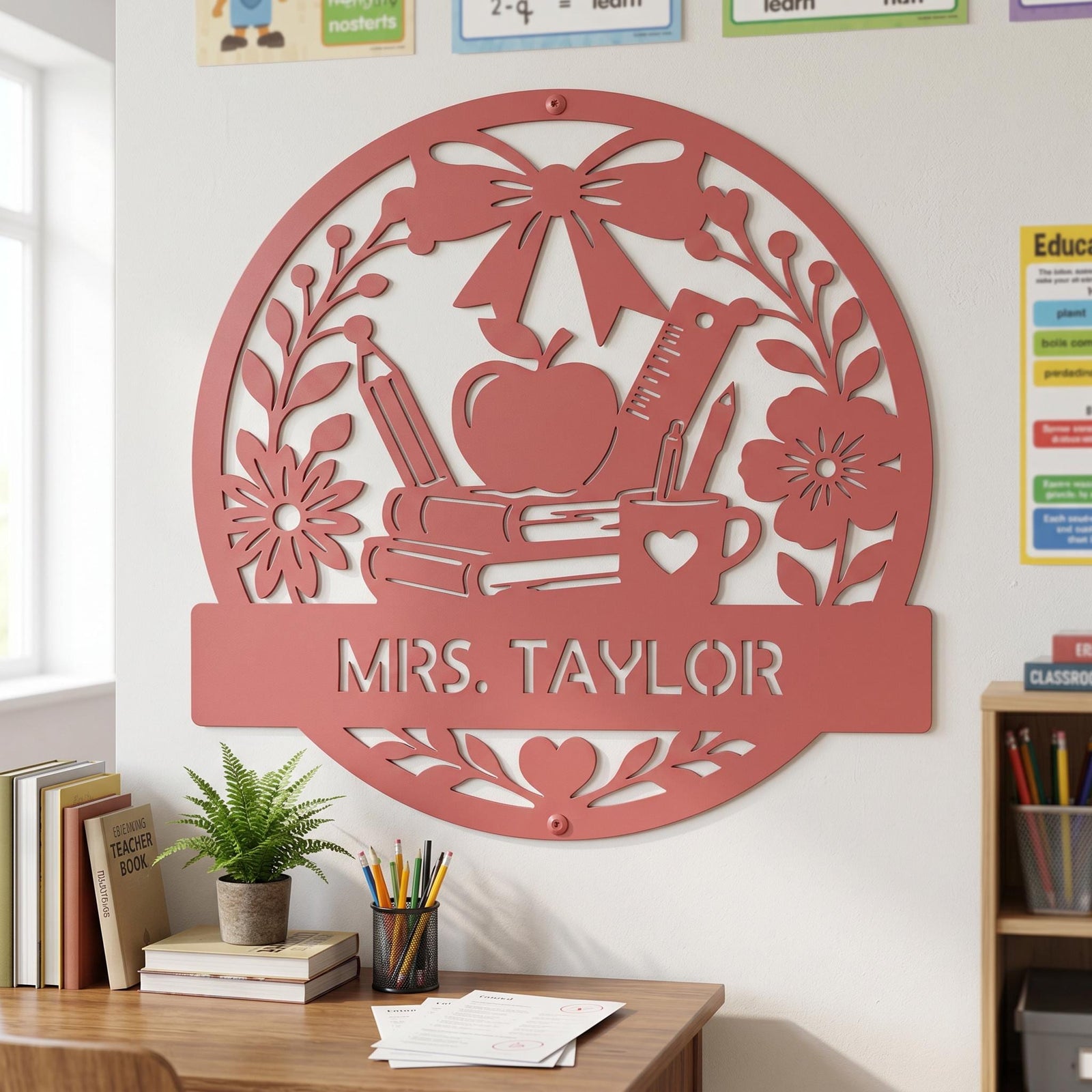 Personalized Teacher Name Sign shown in Coral Pink above teacher's desk on classroom wall, perfect for any educator's gift