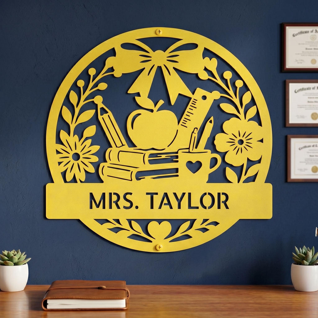 Spring Yellow Teacher Name Sign shown on Navy Blue wall above Teacher's Desk - makes the perfect gift for teacher for any first day of school or end of school year celebration