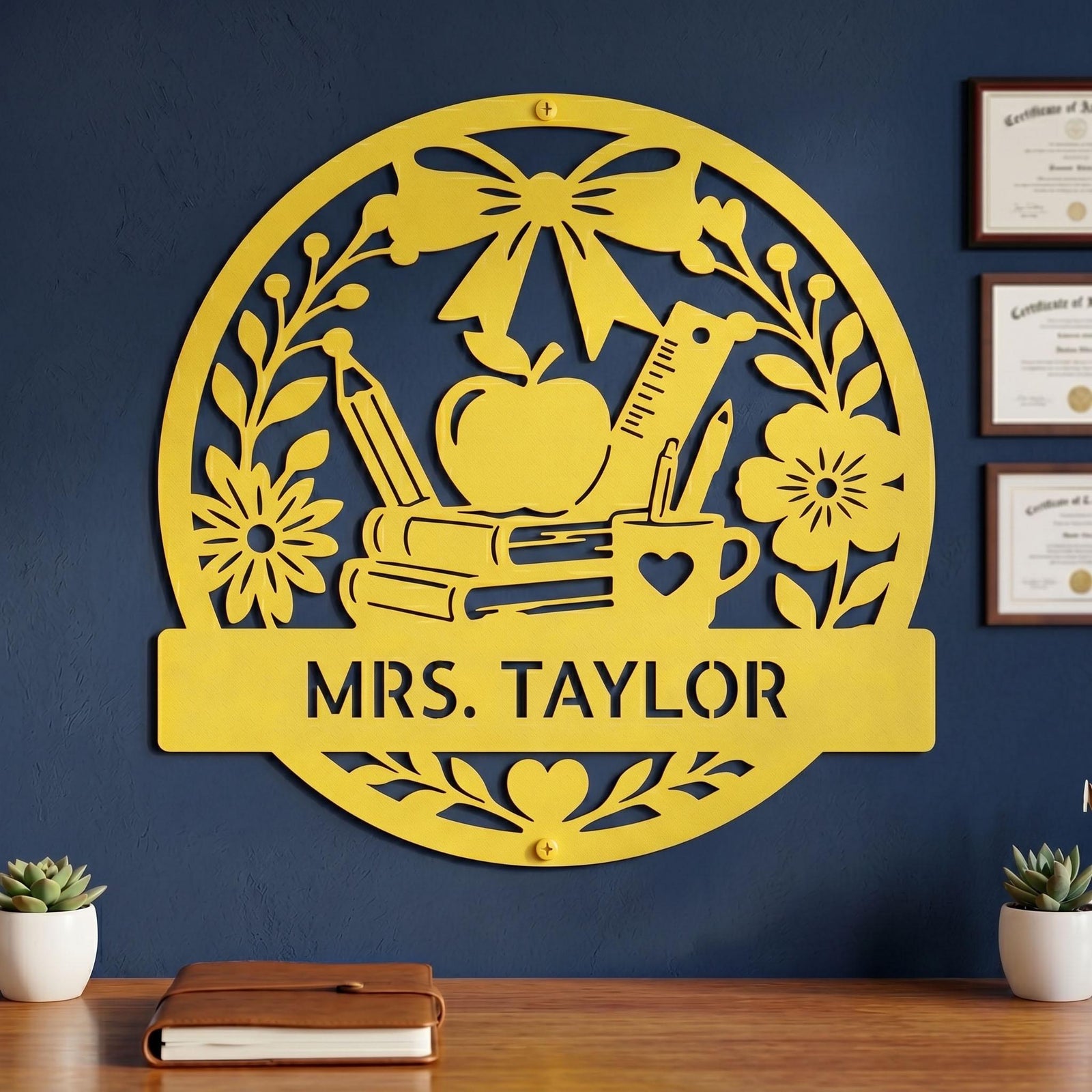 Spring Yellow Teacher Name Sign shown on Navy Blue wall above Teacher's Desk - makes the perfect gift for teacher for any first day of school or end of school year celebration