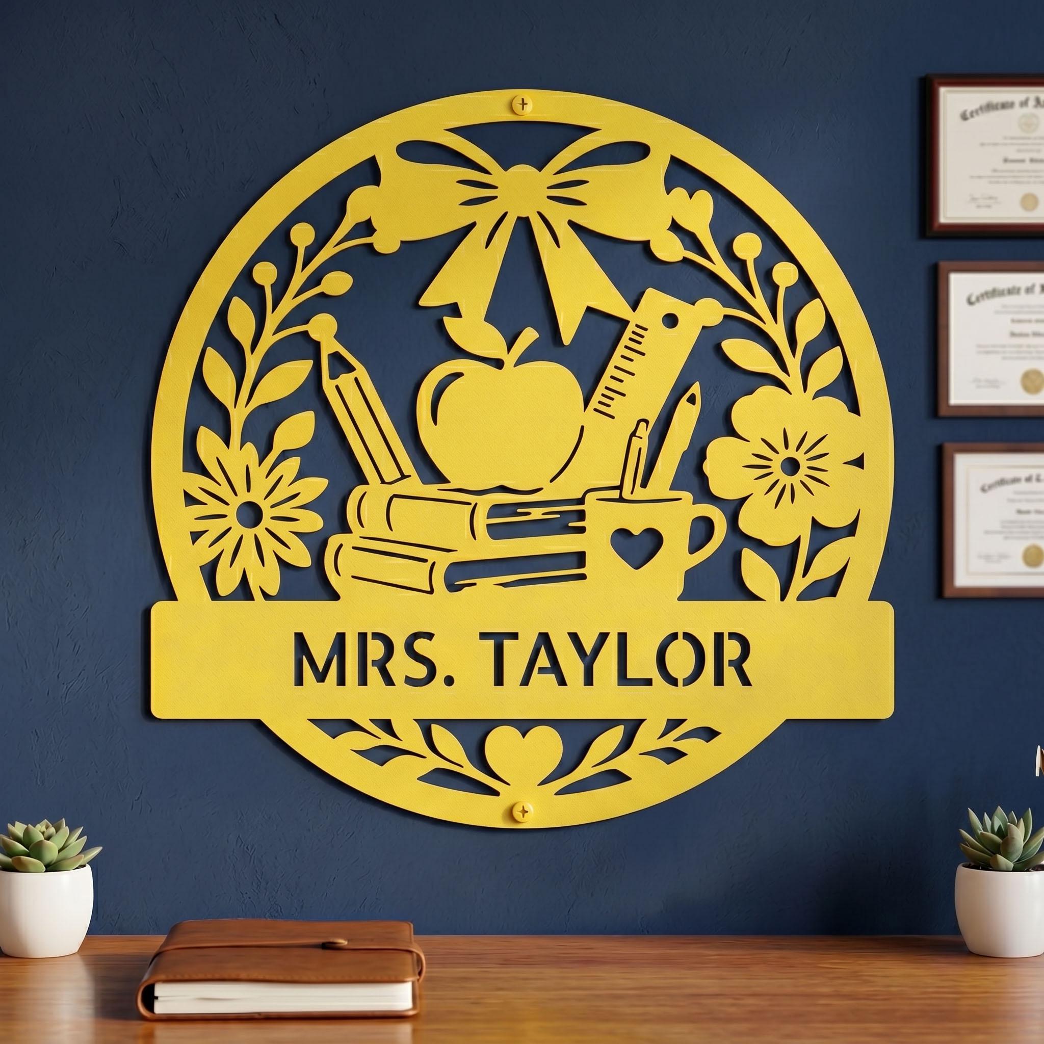 Spring Yellow Teacher Name Sign shown on Navy Blue wall above Teacher's Desk - makes the perfect gift for teacher for any first day of school or end of school year celebration