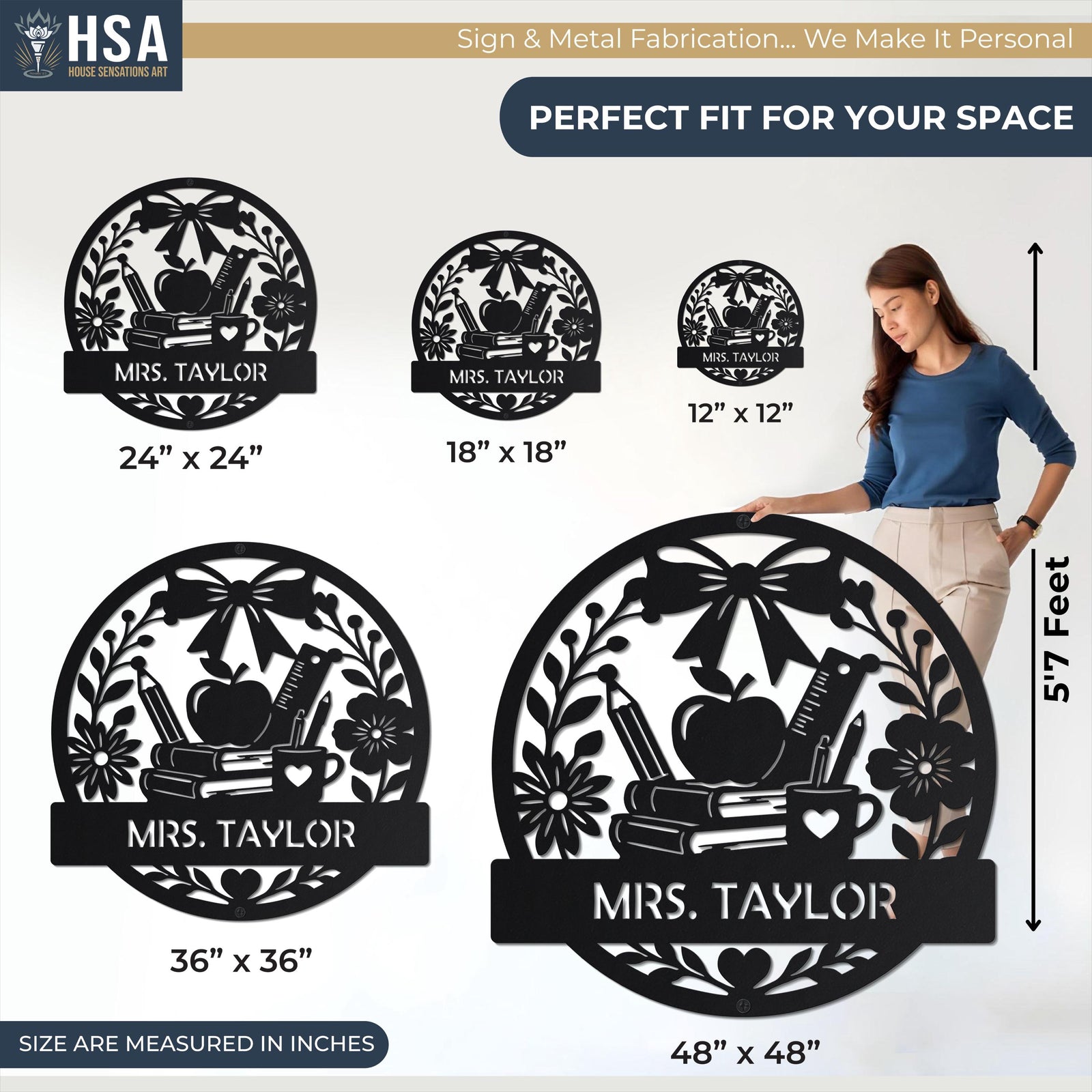 Size Chart: Multiple sizes available to select from. Choose from 12", 18", 24", 36", 48" and other options in between. Perfect options available for small accent wall art up to large focal point decor . Includes model for scale and highlights custom sizing