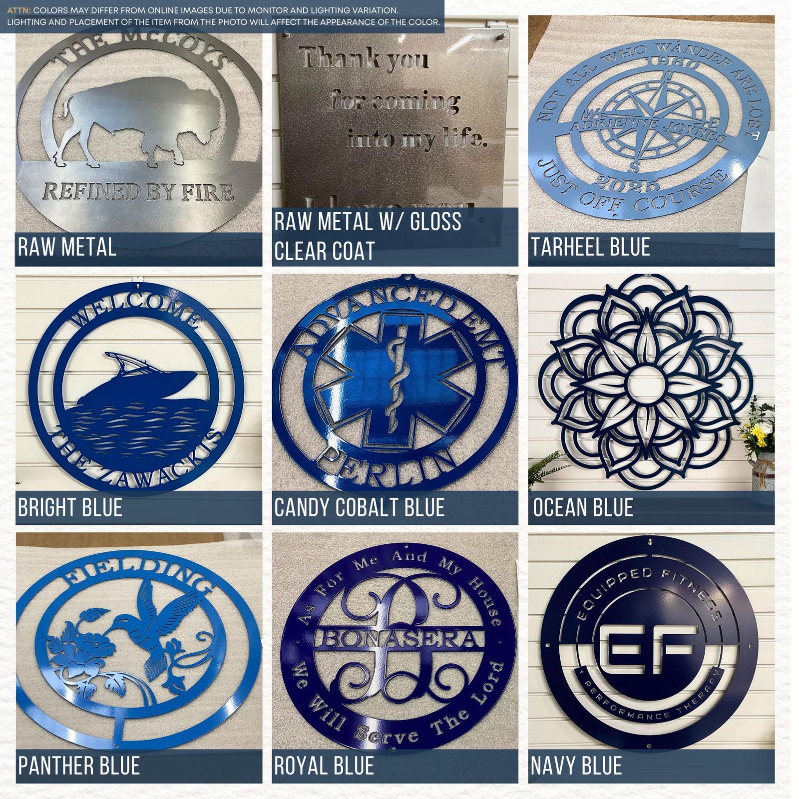 Powder Coating Color Chart featuring options: Raw Metal, Raw Metal with Gloss Clear Coat, Tarheel Blue, Bright Blue, Candy Cobalt Blue, Ocean Blue, Panther Blue, Royal Blue, Navy Blue