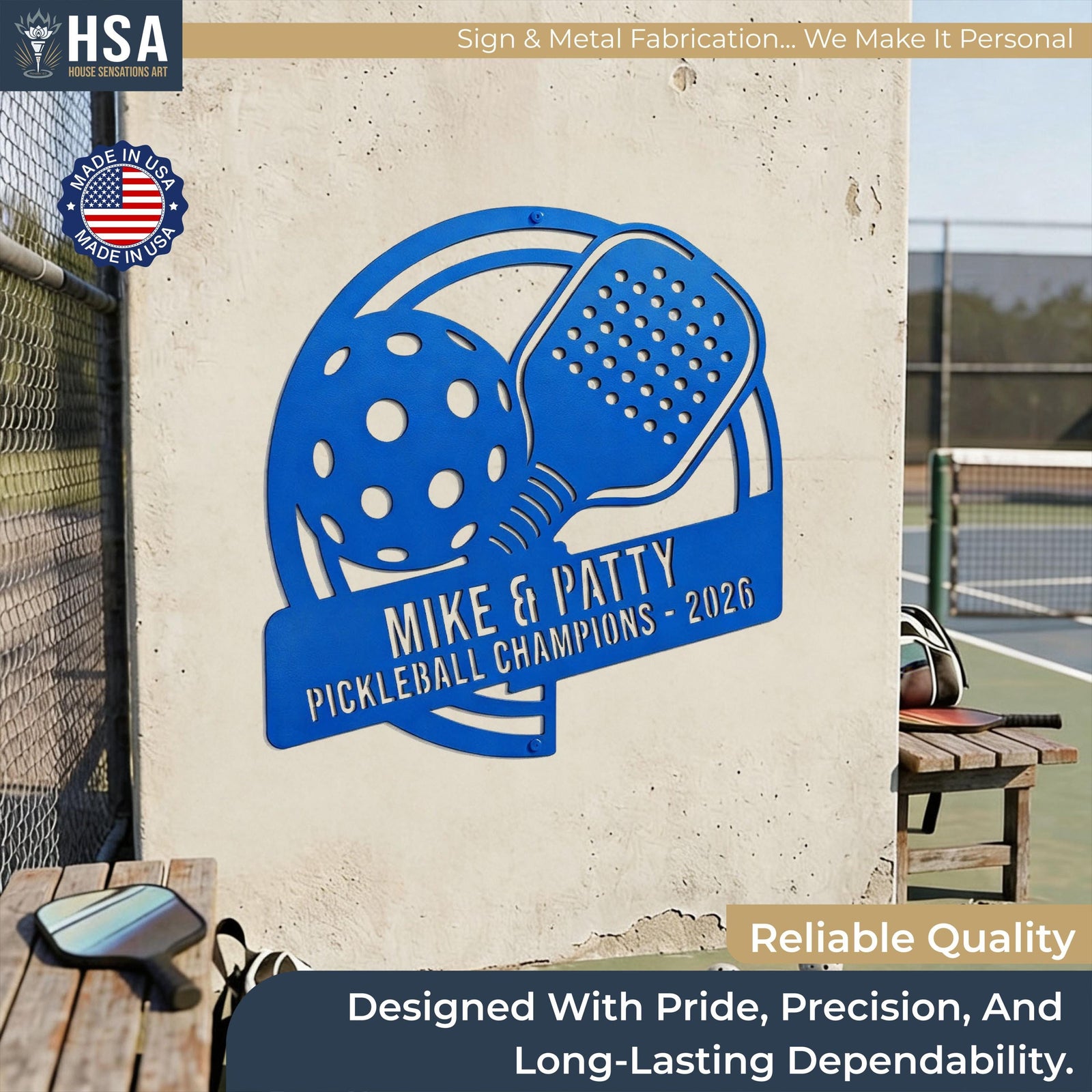 Pickleball Paddle sign features a detailed pickleball paddle with ball illustrator plus athlete personalized name. Perfect for indoor or outdoor use, this sign makes a great addition to rec center decor, backyard court entrances, or pickleball venues. Sign is shown in Panther Blue on outdoor wall at pickleball court