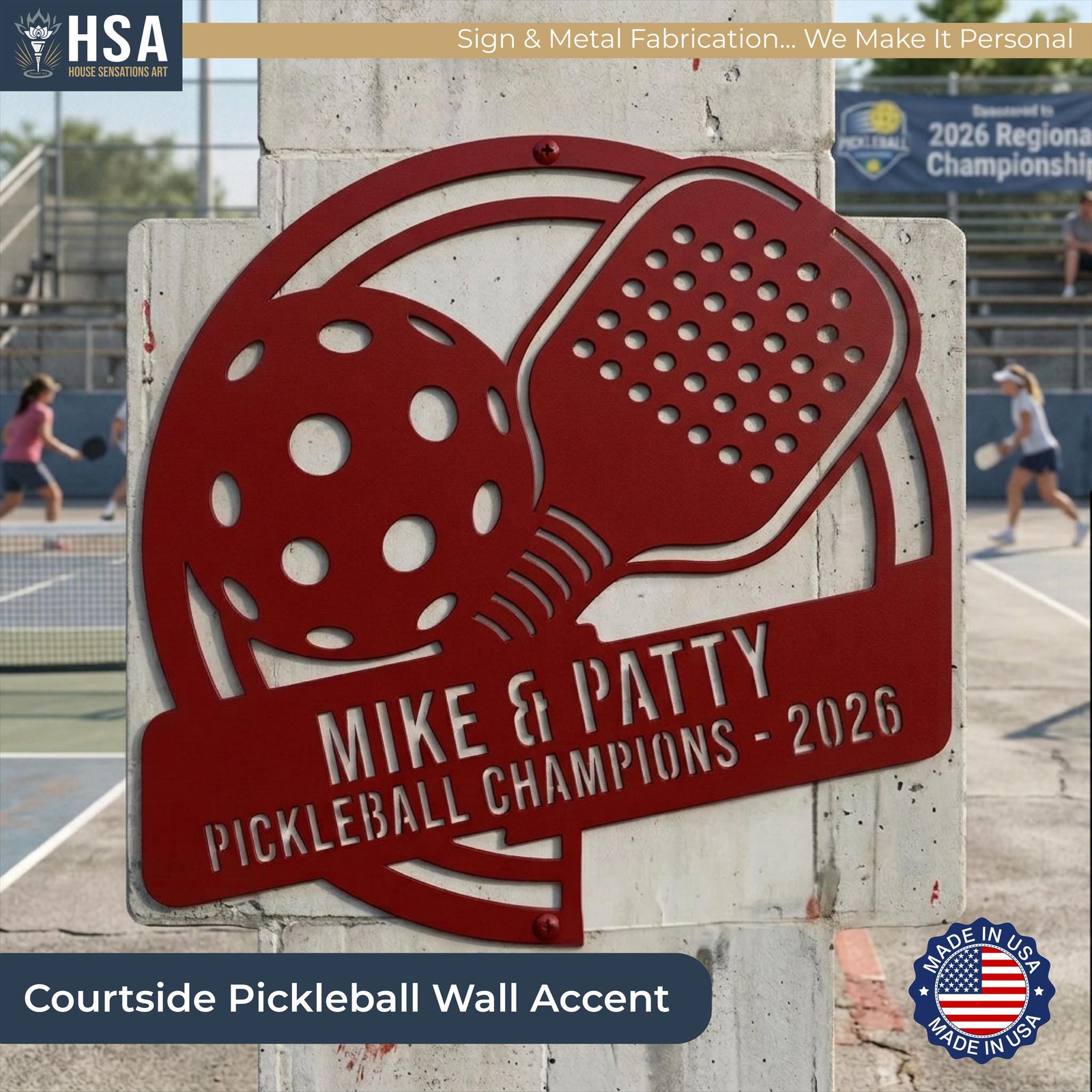 Courtside Pickleball Wall Accent, shown in Deep Red, safe for indoor or outdoor use, making it an ideal accent piece for indoor & outdoor pickleball venue, backyard courts, rec center decor, clubhouse plaques, and more!