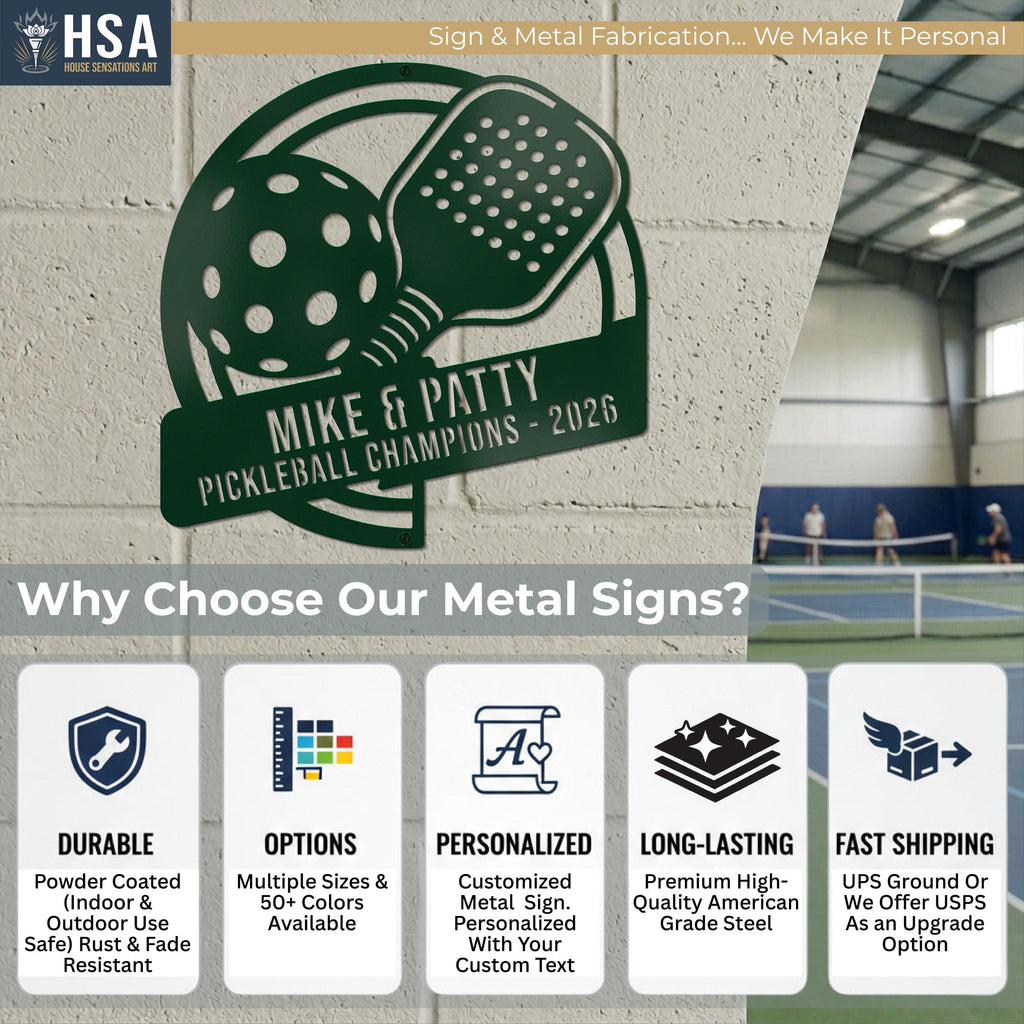 Why Choose Our Custom Metal Signs? HSA's signs are DURABLE, available in MULTIPLE SIZES & 50+ COLOR OPTIONS, PERSONALIZED with your custom name or custom slogan, LONG-LASTING, and come with FAST SHIPPING.
