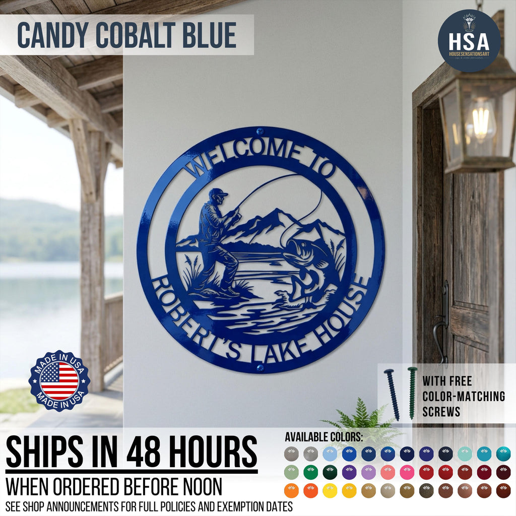 This personalized Pro Angler Custom Metal Sign is shown in Candy Cobalt Blue mounted on a white outdoor wall beside a rustic wood door at a rustic lake house cabin. Signs come with text of choice are available in more than 50 color options. Color-matching screws are included with purchase . Orders ship in 48 hours when ordered before noon
